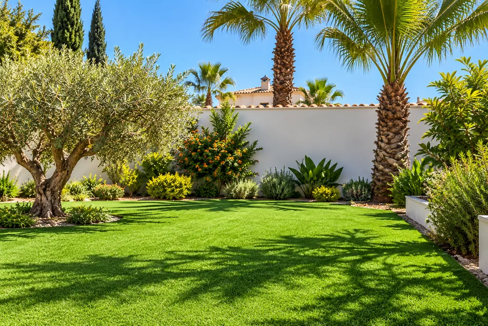 Jardín con césped artificial, palmeras y olivo