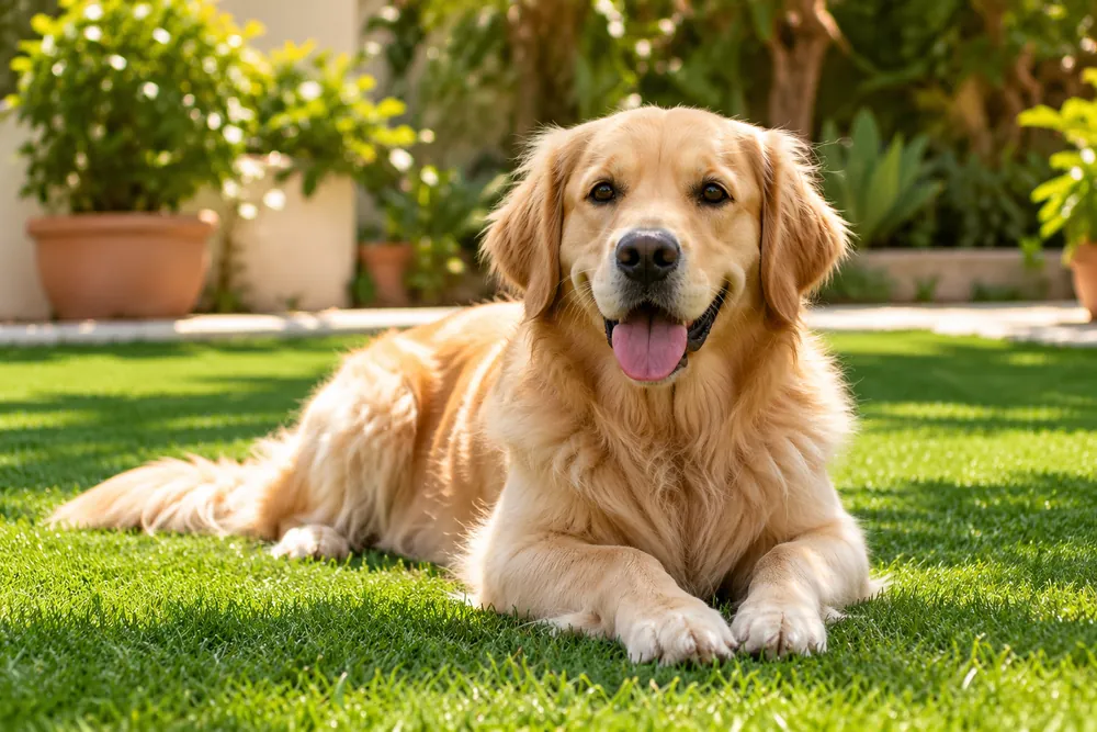Perro tumbado sobre césped artificial