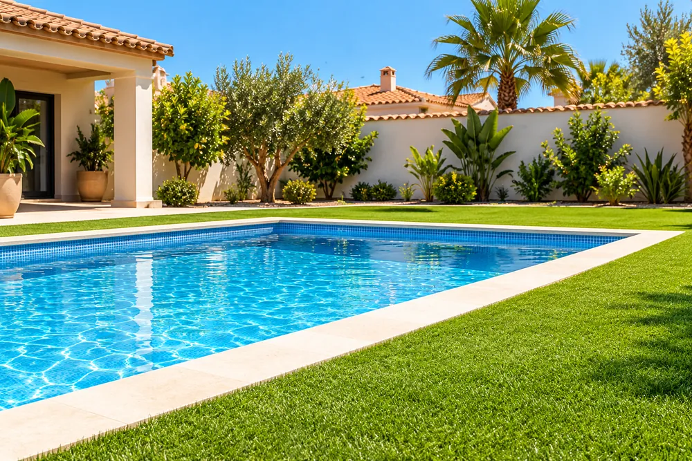 Piscina con césped artificial alrededor