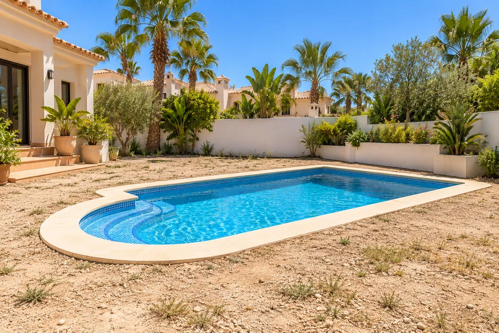 Piscina con tierra alrededor antes de la instalación
