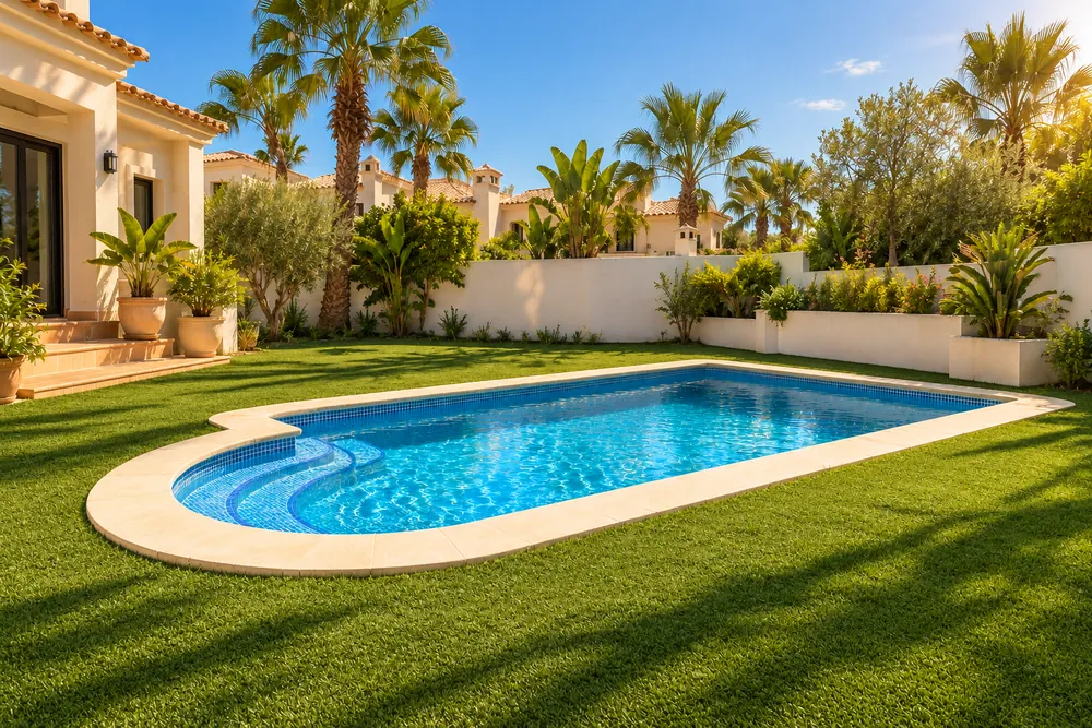 Piscina con césped artificial integrado