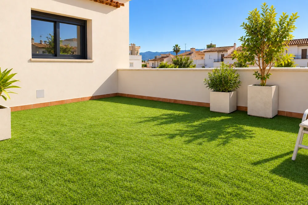 Terraza con césped artificial instalado